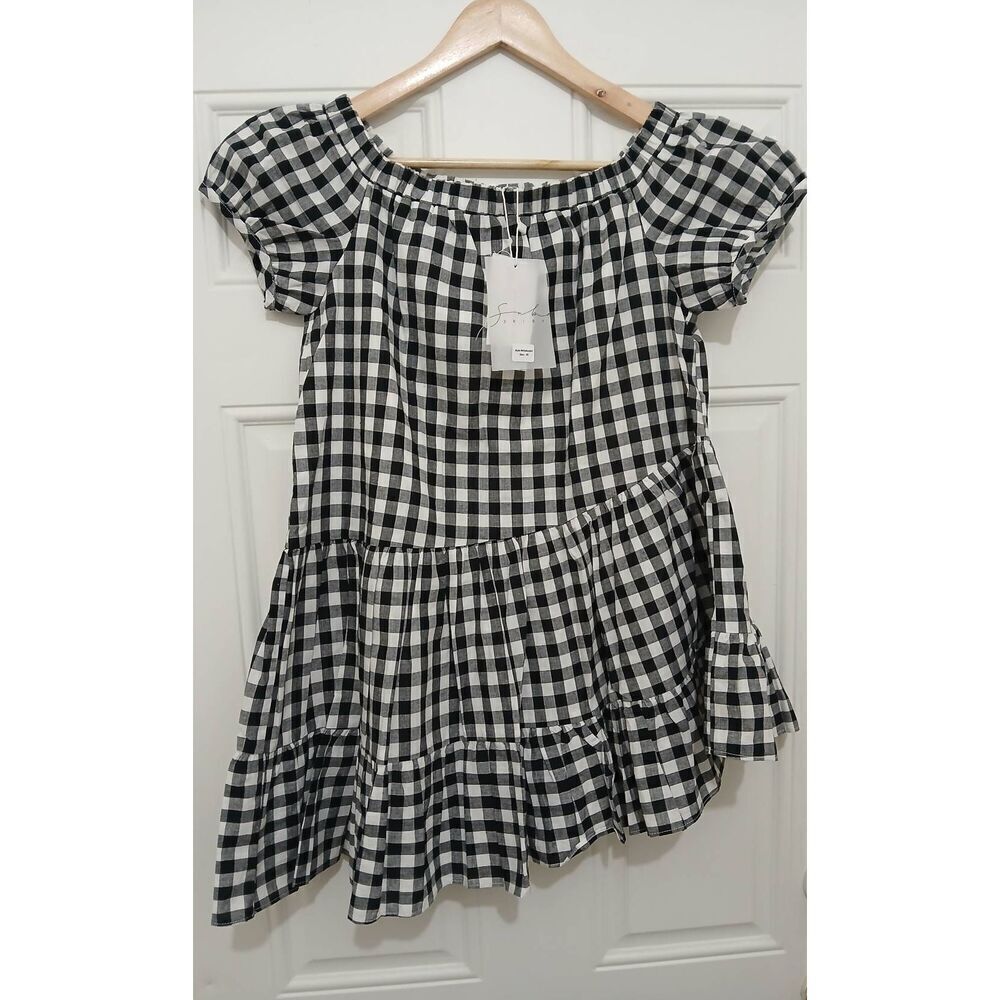 Sabo  womens small Shirt gingham plaid Top off shoulder black white Asymetric